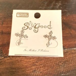 Rhinestone Cross Earrings | Silver | Stud Post